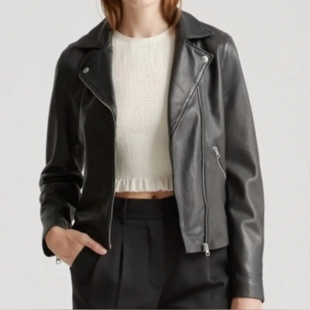 QUINCE 100% Washed Genuine Leather Biker Jacket XS Black Sheepskin - Picture 4 of 7